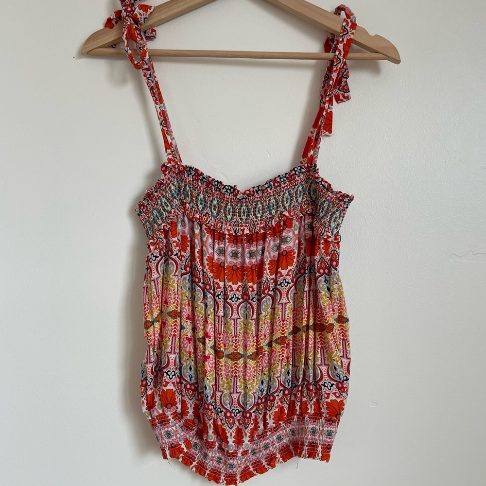 Rachel Zoe Multicolor Smocked Boho Tie Straps Floral Paisley Print Tank Medium